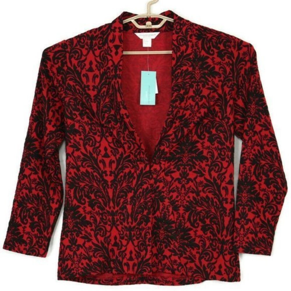 Christopher & Banks Cardigan Jacket Red Black Damask Petite‎ Medium PM